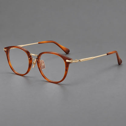 Classic soft square eyeglasses in acetate and titanium with engraved temples and corner accents in Amber Tortoiseshell / Gold, three quarter view