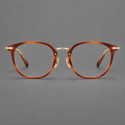 Classic soft square eyeglasses in acetate and titanium with engraved temples and corner accents in Amber Tortoiseshell / Gold, front view side view