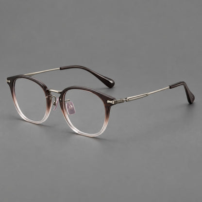 Classic soft square eyeglasses in acetate and titanium with engraved temples and corner accents in Tea Brown Gradient / Dark Gray, three quarter view front view