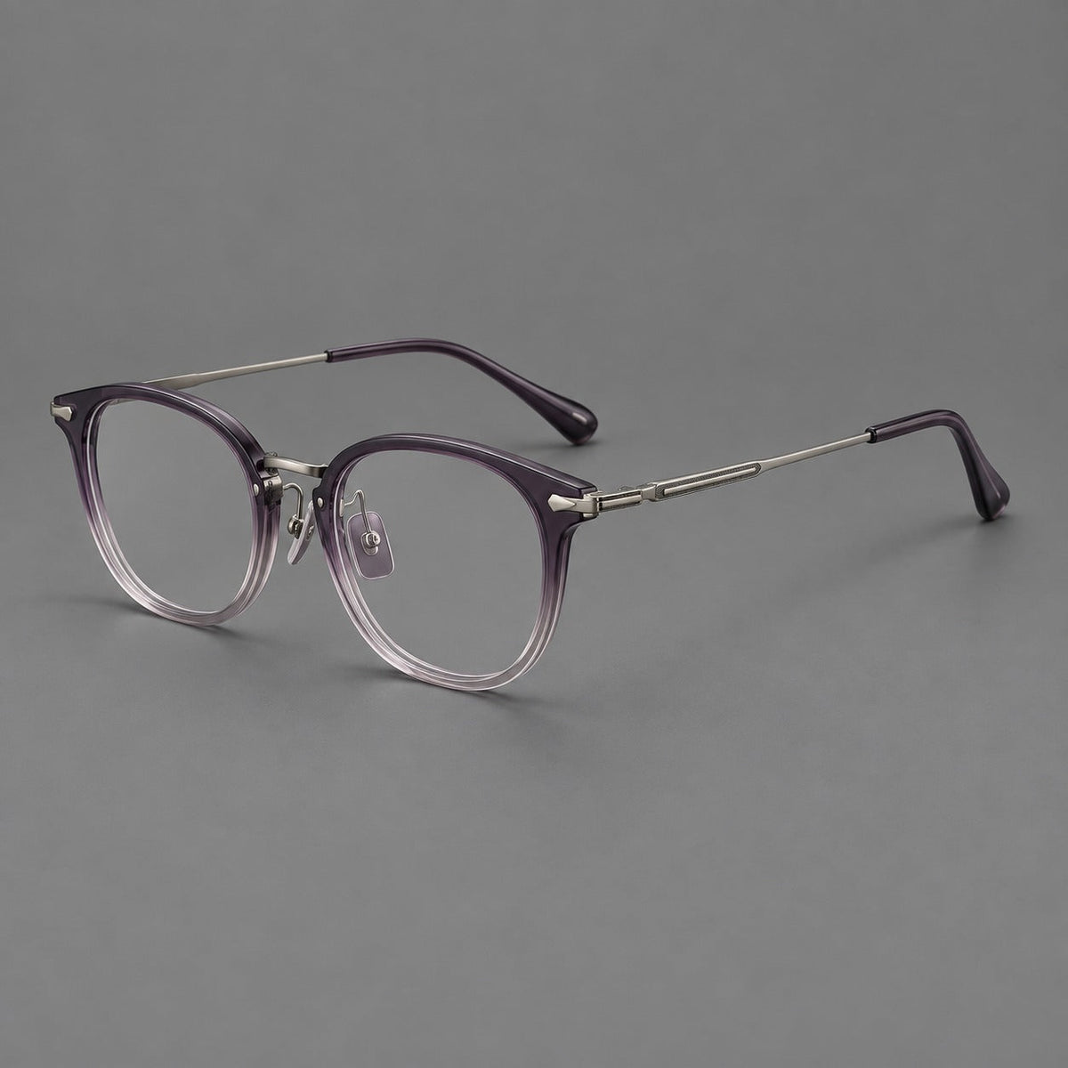 Classic soft square eyeglasses in acetate and titanium with engraved temples and corner accents in Purple Gray Gradient / Gunmetal, three quarter view