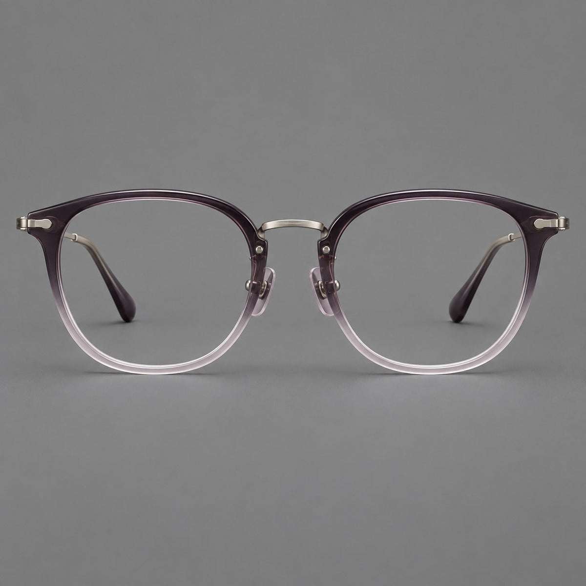 Classic soft square eyeglasses in acetate and titanium with engraved temples and corner accents in Purple Gray Gradient / Gunmetal, front view