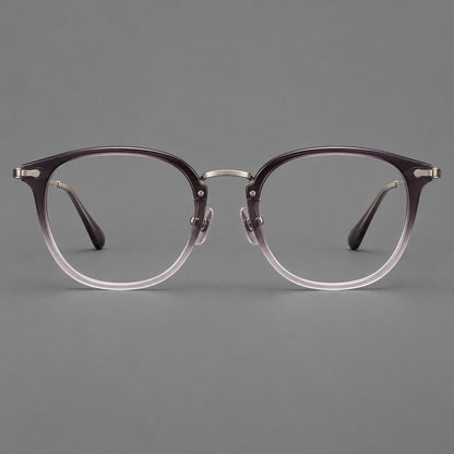 Classic soft square eyeglasses in acetate and titanium with engraved temples and corner accents in Purple Gray Gradient / Gunmetal, front view temple detail