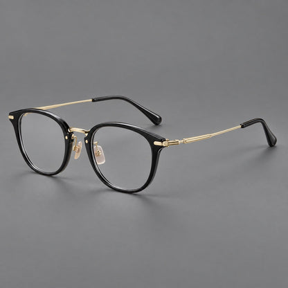 Classic soft square eyeglasses in acetate and titanium with engraved temples and corner accents in Glossy Black / Gold, three quarter view additional product view