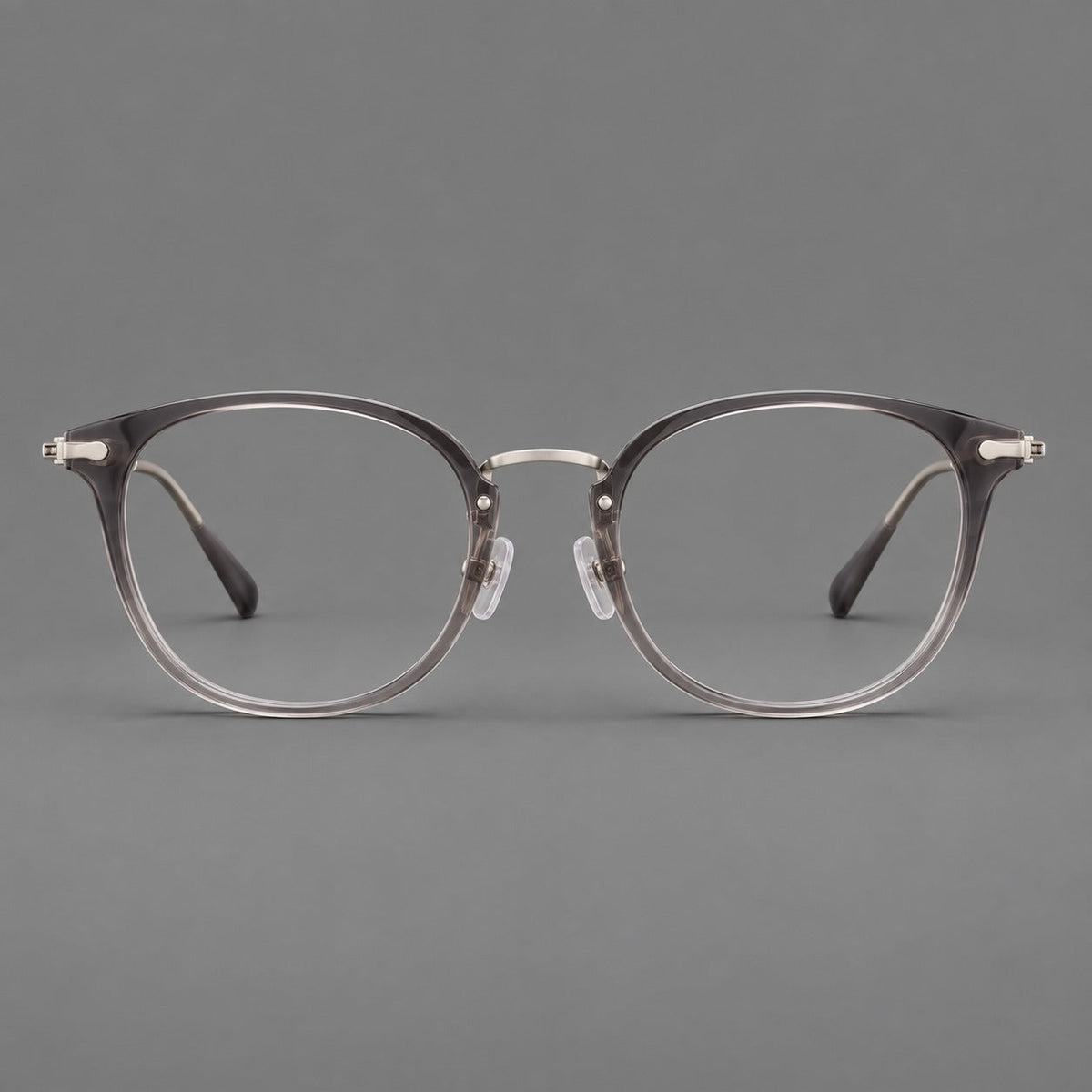 Classic soft square eyeglasses in acetate and titanium with engraved temples and corner accents in Mist Gray / Silver, front view