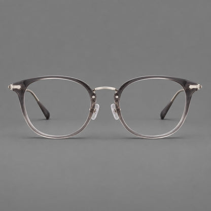 Classic soft square eyeglasses in acetate and titanium with engraved temples and corner accents in Mist Gray / Silver, front view additional product view