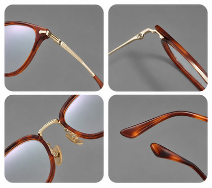 Classic soft square eyeglasses in acetate and titanium with engraved temples and corner accents, frame details additional product view
