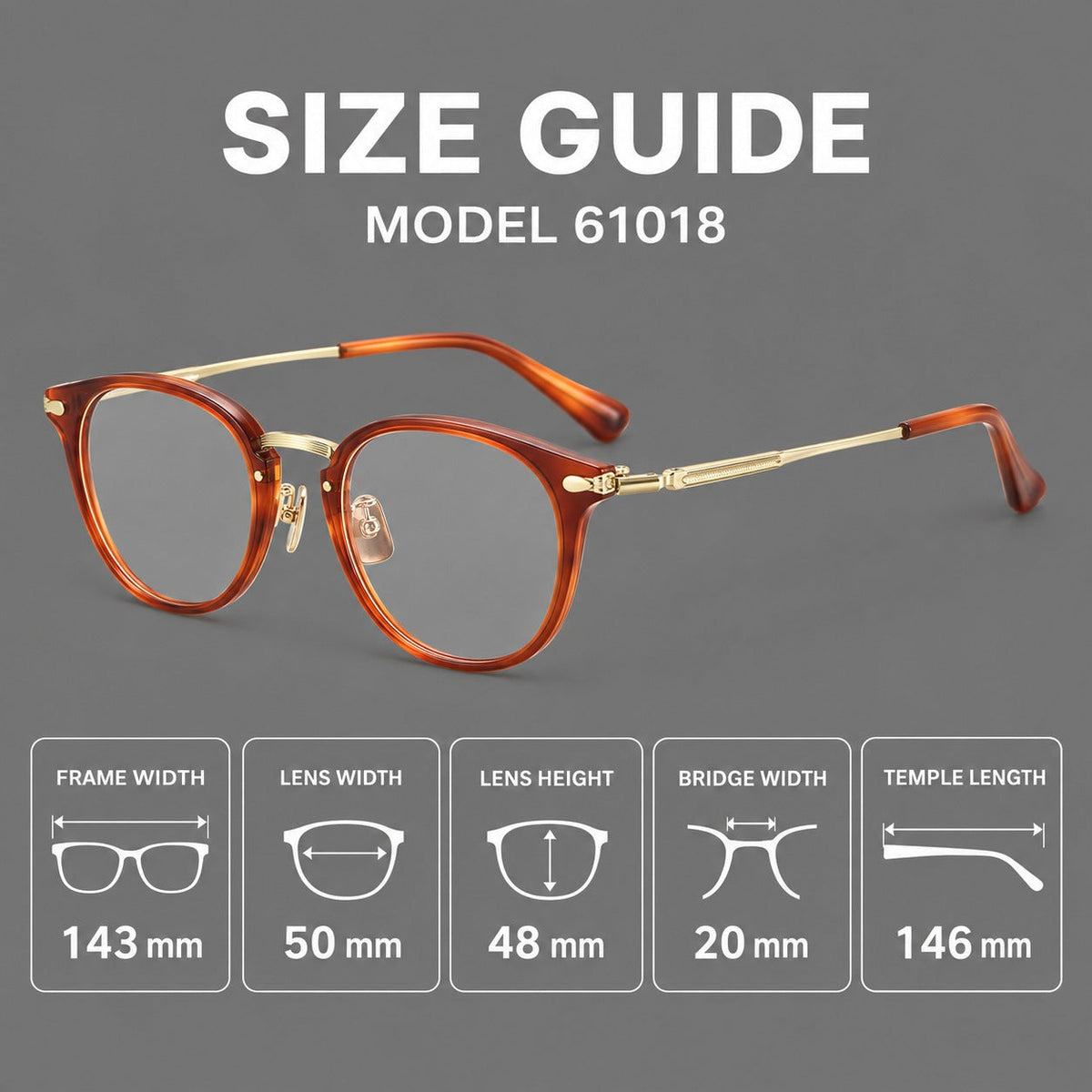 Classic soft square eyeglasses in acetate and titanium with engraved temples and corner accents, size guide in millimetres