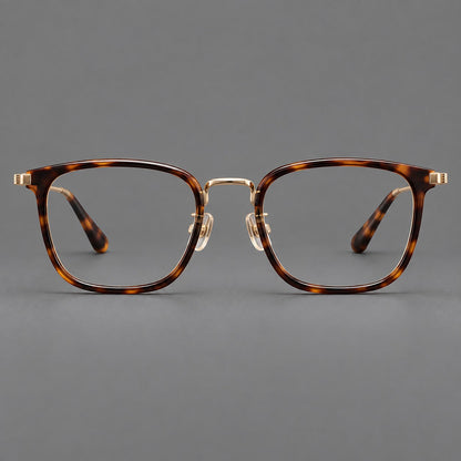 Soft square eyeglasses in acetate and titanium with wide upper corners and fine metal temples in Tortoiseshell / Gold, front view side view