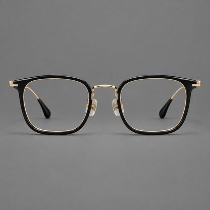 Soft square eyeglasses in acetate and titanium with wide upper corners and fine metal temples in Glossy Black / Gold, front view temple detail