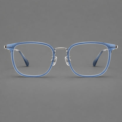 Soft square eyeglasses in acetate and titanium with wide upper corners and fine metal temples in Clear Blue / Silver, front view additional product view