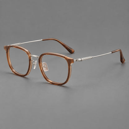 Soft square eyeglasses in acetate and titanium with wide upper corners and fine metal temples in Clear Tea / Silver, three quarter view additional product view