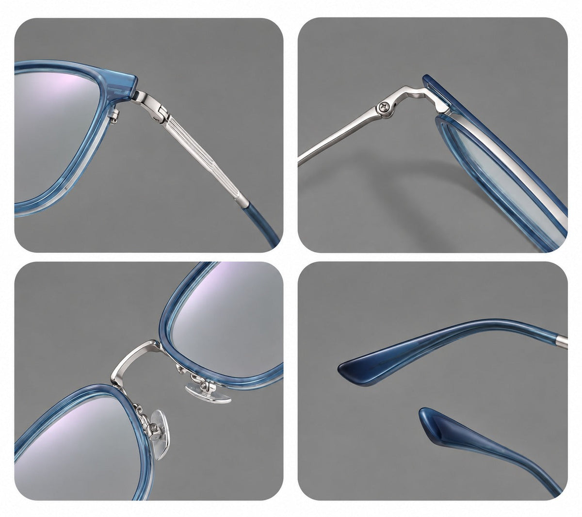 Soft square eyeglasses in acetate and titanium with wide upper corners and fine metal temples, frame details