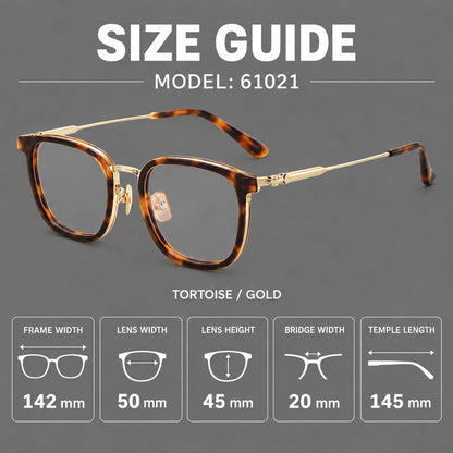 Soft square eyeglasses in acetate and titanium with wide upper corners and fine metal temples, size guide in millimetres additional product view