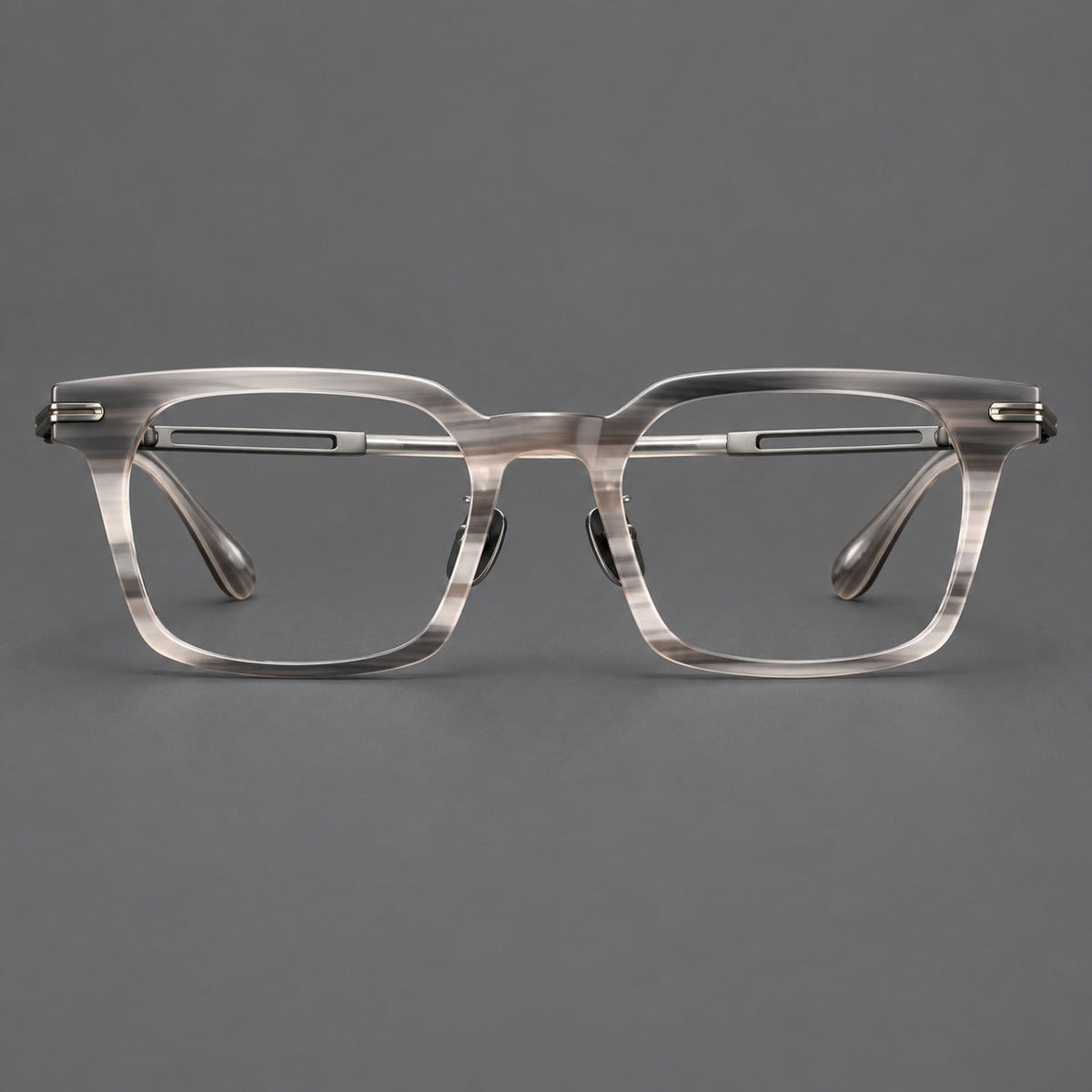 Modern acetate and titanium eyeglasses with angular square rims and curved metal hinges in Striped Gray / Brushed Gray, front view
