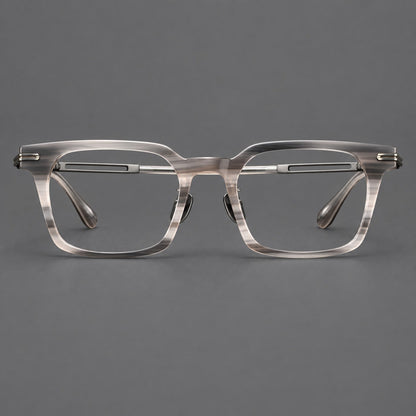 Modern acetate and titanium eyeglasses with angular square rims and curved metal hinges in Striped Gray / Brushed Gray, front view side view