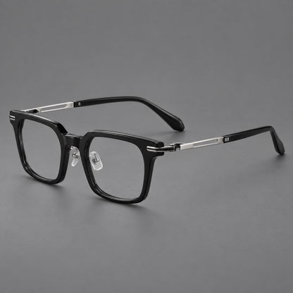 Modern acetate and titanium eyeglasses with angular square rims and curved metal hinges in Black / Silver, three quarter view lens detail