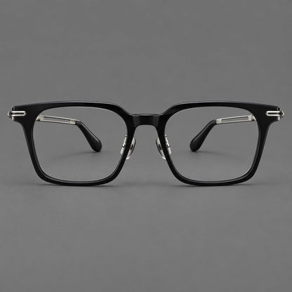 Modern acetate and titanium eyeglasses with angular square rims and curved metal hinges in Black / Silver, front view temple detail