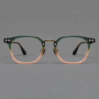 Retro acetate and titanium eyeglasses with softly rounded rims and a metal bridge in Green Pink Gradient / Antique Bronze, front view frame detail