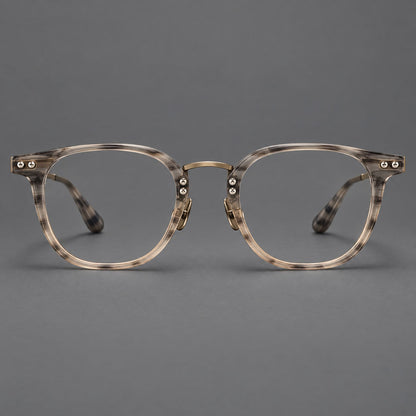 Retro acetate and titanium eyeglasses with softly rounded rims and a metal bridge in Light Gray Woodgrain, front view temple detail