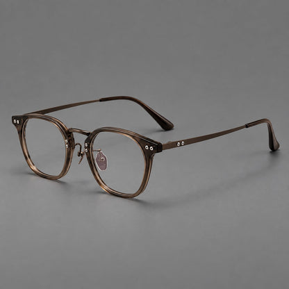 Retro acetate and titanium eyeglasses with softly rounded rims and a metal bridge in Coffee Brown, three quarter view additional product view