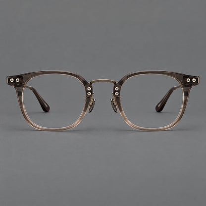 Retro acetate and titanium eyeglasses with softly rounded rims and a metal bridge in Coffee Brown, front view additional product view