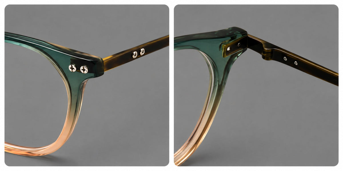 Retro acetate and titanium eyeglasses with softly rounded rims and a metal bridge, frame details