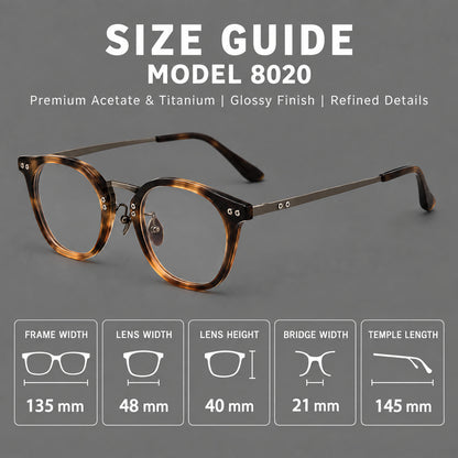 Retro acetate and titanium eyeglasses with softly rounded rims and a metal bridge, size guide in millimetres additional product view