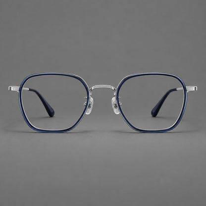 Soft square eyeglasses in acetate and titanium with slim rims and a finely engraved metal bridge in Blue / Silver, front view frame detail
