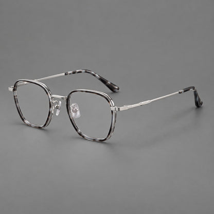 Soft square eyeglasses in acetate and titanium with slim rims and a finely engraved metal bridge in Gray Tortoiseshell / Silver, three quarter view additional product view