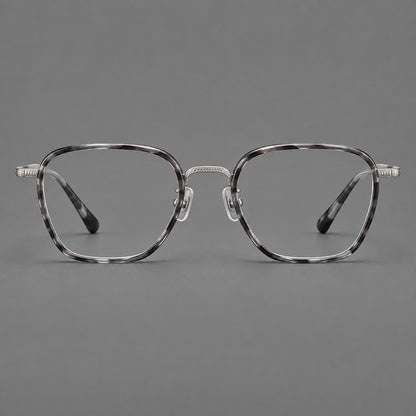 Soft square eyeglasses in acetate and titanium with slim rims and a finely engraved metal bridge in Gray Tortoiseshell / Silver, front view additional product view