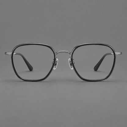 Soft square eyeglasses in acetate and titanium with slim rims and a finely engraved metal bridge in Glossy Black / Gunmetal, front view additional product view