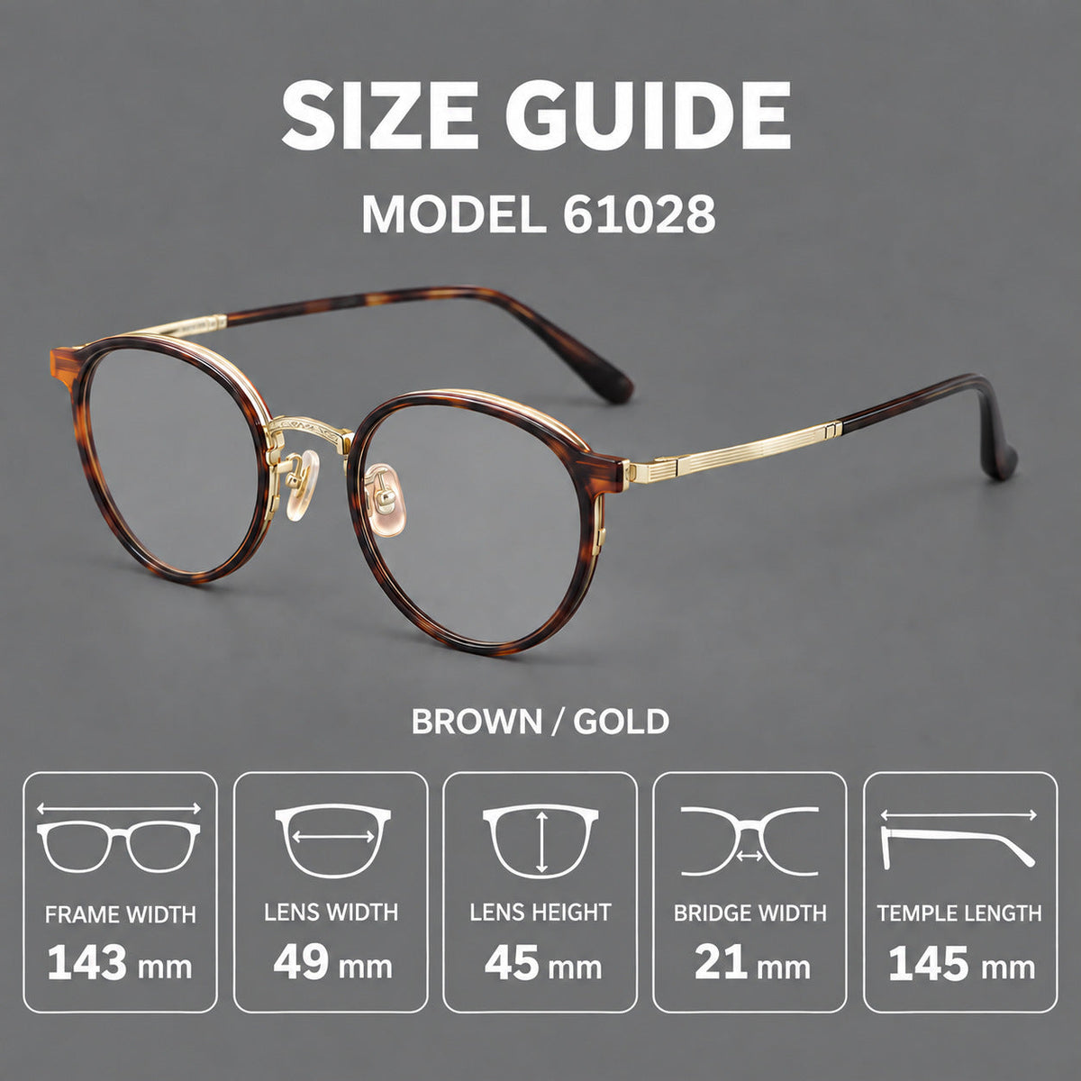 Round eyeglasses in acetate and titanium with widened outer corners and slender metal temples, size guide in millimetres