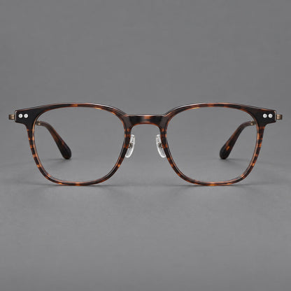 Vintage acetate and titanium eyeglasses with soft square rims and paired metal rivets in Striped Brown / Antique Bronze, front view side view