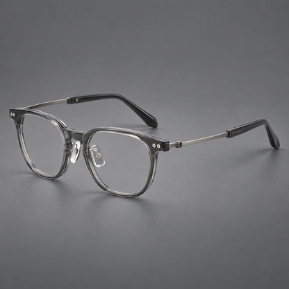 Vintage acetate and titanium eyeglasses with soft square rims and paired metal rivets in Clear Gray / Brushed Gray, three quarter view lens detail