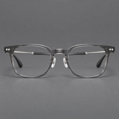 Vintage acetate and titanium eyeglasses with soft square rims and paired metal rivets in Clear Gray / Brushed Gray, front view temple detail