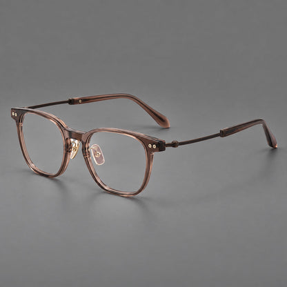 Vintage acetate and titanium eyeglasses with soft square rims and paired metal rivets in Clear Brown / Antique Bronze, three quarter view additional product view