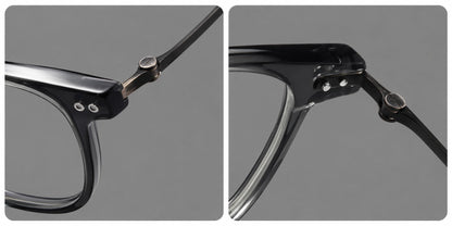Vintage acetate and titanium eyeglasses with soft square rims and paired metal rivets, frame details additional product view