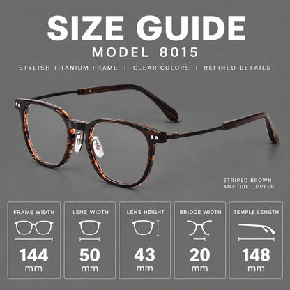 Vintage acetate and titanium eyeglasses with soft square rims and paired metal rivets, size guide in millimetres additional product view