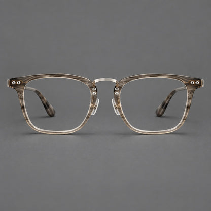 Acetate and titanium eyeglasses with soft square rims and an arched metal bridge in Gray Woodgrain / Silver, front view frame detail