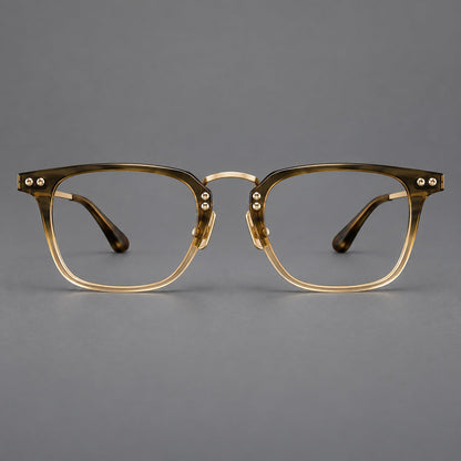 Acetate and titanium eyeglasses with soft square rims and an arched metal bridge in Tea Gradient / Gold, front view additional product view