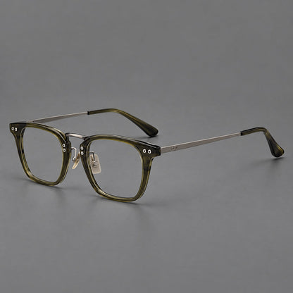 Acetate and titanium eyeglasses with soft square rims and an arched metal bridge in Army Green / Gunmetal, three quarter view additional product view