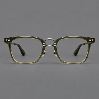 Acetate and titanium eyeglasses with soft square rims and an arched metal bridge in Army Green / Gunmetal, front view additional product view