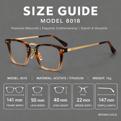 Acetate and titanium eyeglasses with soft square rims and an arched metal bridge, size guide in millimetres additional product view