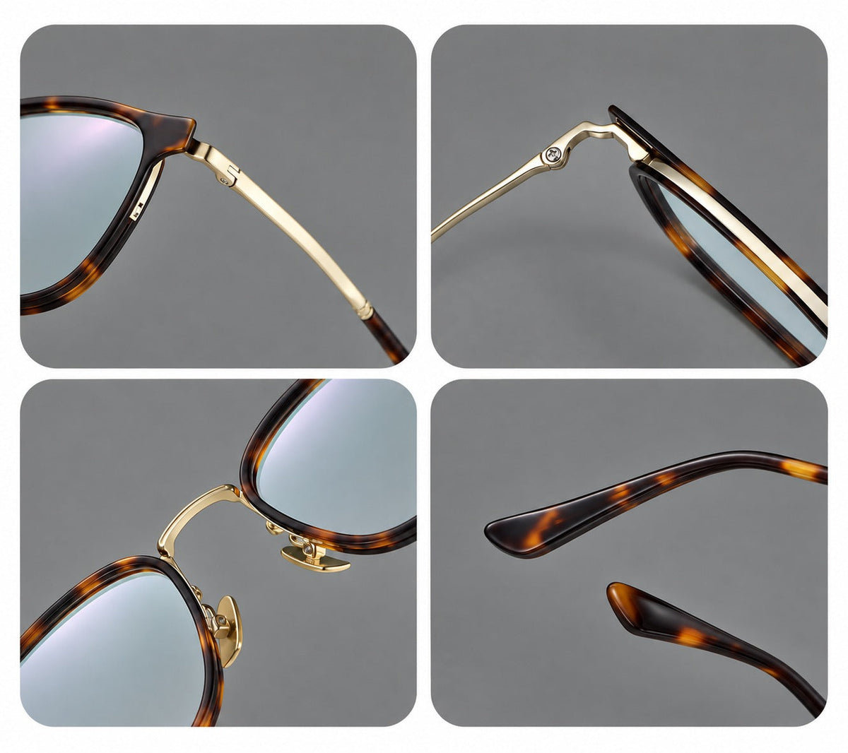 Rounded rectangular eyeglasses in acetate and titanium with bold corners and engraved metal temples, frame details