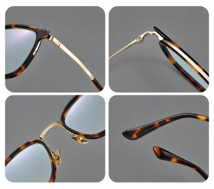 Rounded rectangular eyeglasses in acetate and titanium with bold corners and engraved metal temples, frame details additional product view
