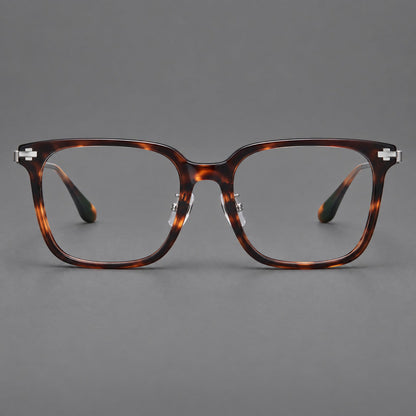 Classic acetate and titanium eyeglasses with broad square rims and textured metal temples in Tortoiseshell / Gray, front view side view