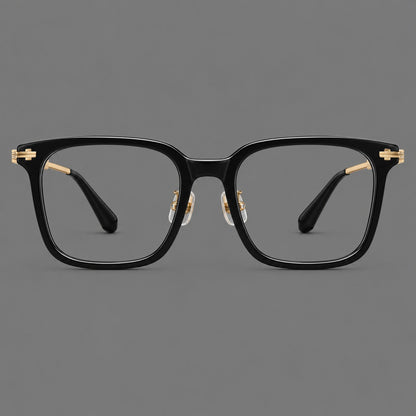 Classic acetate and titanium eyeglasses with broad square rims and textured metal temples in Black / Gold, front view frame detail