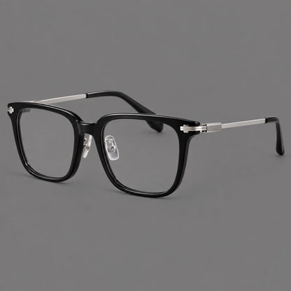 Classic acetate and titanium eyeglasses with broad square rims and textured metal temples in Black / Silver, three quarter view lens detail