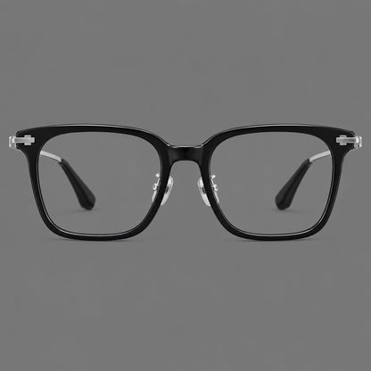 Classic acetate and titanium eyeglasses with broad square rims and textured metal temples in Black / Silver, front view temple detail