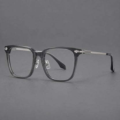 Classic acetate and titanium eyeglasses with broad square rims and textured metal temples in Clear Gray / Silver, three quarter view additional product view